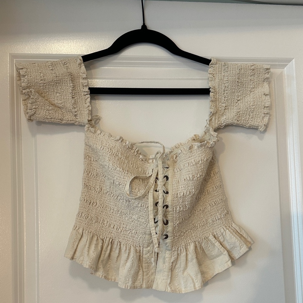 Zara Beige Smocked Lace-Up Crop Top